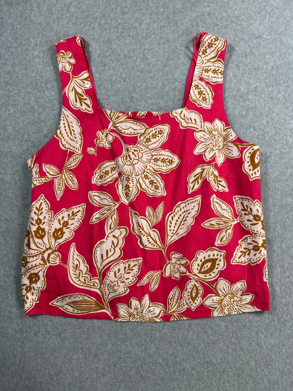 Every Sleeveless Linen Top Women's Medium Red Floral Wide Pullover Casual